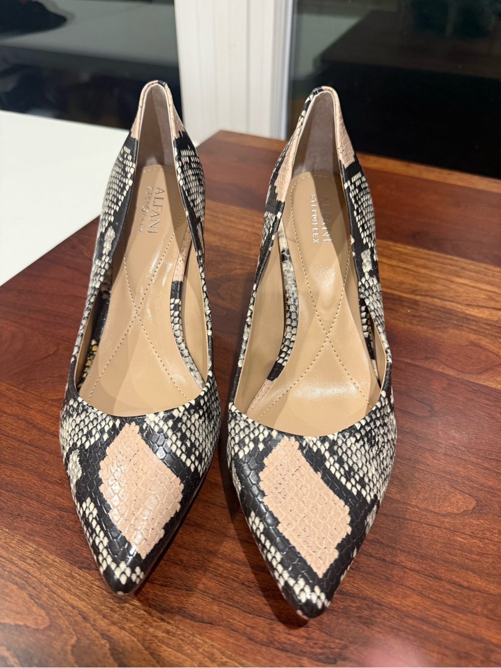Alfani Step N Flex Black and Beige Snake-Print Pointed Toe Pumps